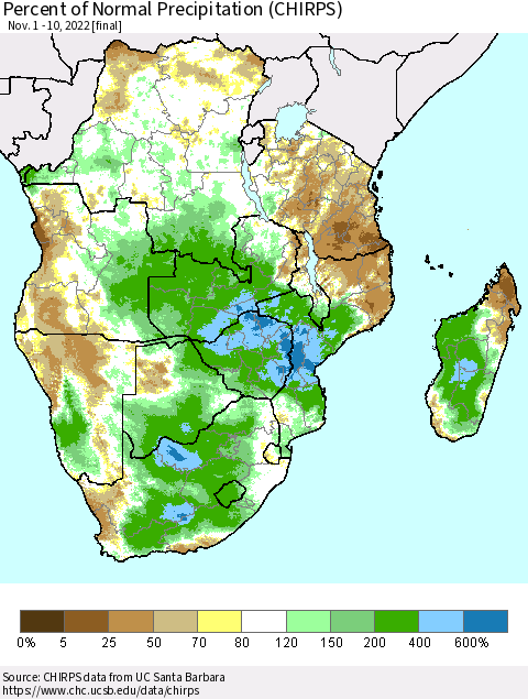 Southern Africa Percent of Normal Precipitation (CHIRPS) Thematic Map For 11/1/2022 - 11/10/2022