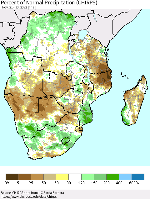 Southern Africa Percent of Normal Precipitation (CHIRPS) Thematic Map For 11/21/2022 - 11/30/2022
