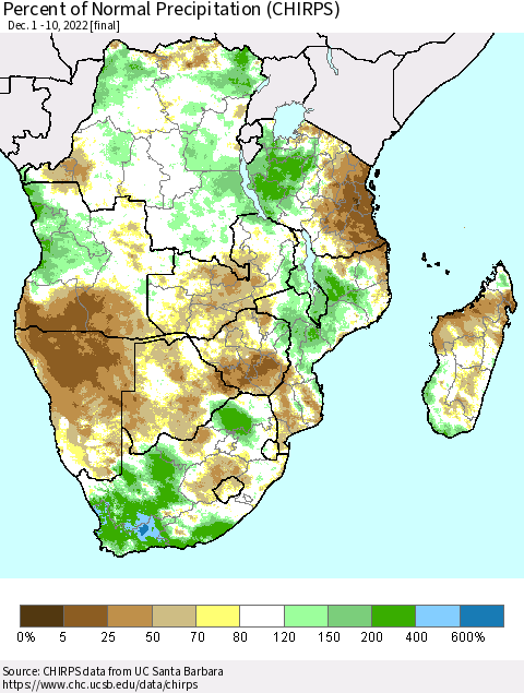Southern Africa Percent of Normal Precipitation (CHIRPS) Thematic Map For 12/1/2022 - 12/10/2022