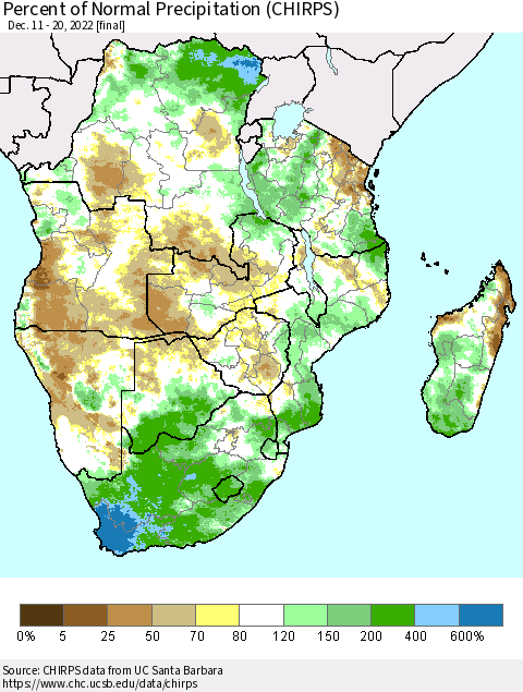 Southern Africa Percent of Normal Precipitation (CHIRPS) Thematic Map For 12/11/2022 - 12/20/2022