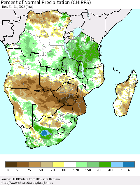 Southern Africa Percent of Normal Precipitation (CHIRPS) Thematic Map For 12/21/2022 - 12/31/2022