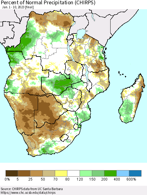 Southern Africa Percent of Normal Precipitation (CHIRPS) Thematic Map For 1/1/2023 - 1/10/2023