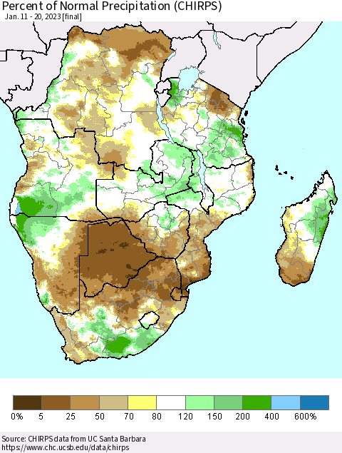 Southern Africa Percent of Normal Precipitation (CHIRPS) Thematic Map For 1/11/2023 - 1/20/2023