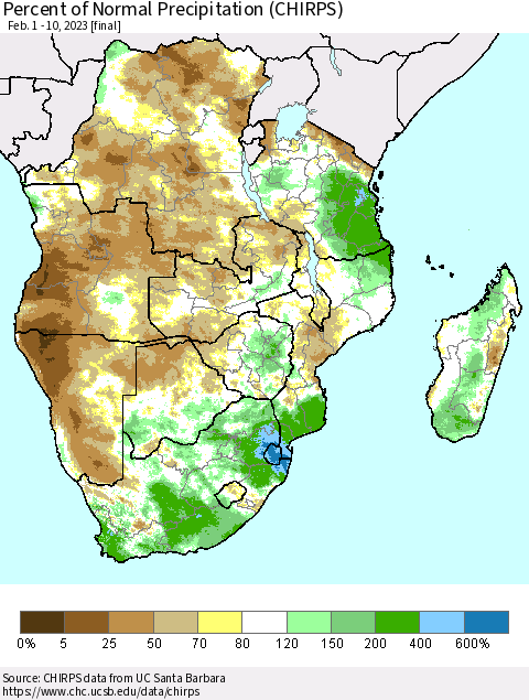 Southern Africa Percent of Normal Precipitation (CHIRPS) Thematic Map For 2/1/2023 - 2/10/2023
