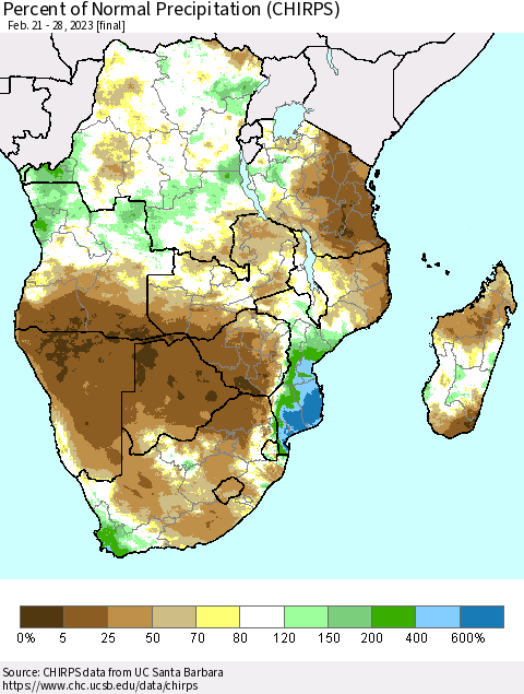 Southern Africa Percent of Normal Precipitation (CHIRPS) Thematic Map For 2/21/2023 - 2/28/2023