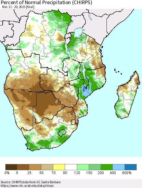 Southern Africa Percent of Normal Precipitation (CHIRPS) Thematic Map For 3/11/2023 - 3/20/2023