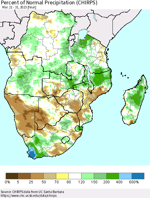Southern Africa Percent of Normal Precipitation (CHIRPS) Thematic Map For 3/21/2023 - 3/31/2023