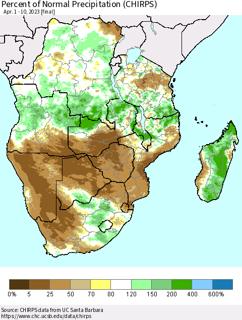 Southern Africa Percent of Normal Precipitation (CHIRPS) Thematic Map For 4/1/2023 - 4/10/2023