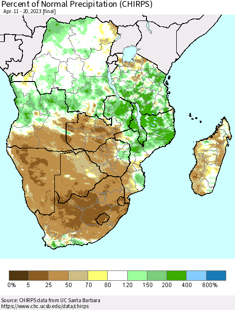 Southern Africa Percent of Normal Precipitation (CHIRPS) Thematic Map For 4/11/2023 - 4/20/2023