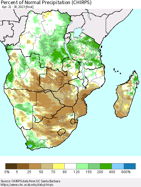 Southern Africa Percent of Normal Precipitation (CHIRPS) Thematic Map For 4/21/2023 - 4/30/2023