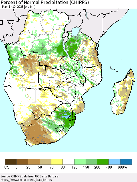 Southern Africa Percent of Normal Precipitation (CHIRPS) Thematic Map For 5/1/2023 - 5/10/2023