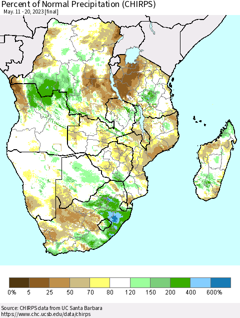 Southern Africa Percent of Normal Precipitation (CHIRPS) Thematic Map For 5/11/2023 - 5/20/2023