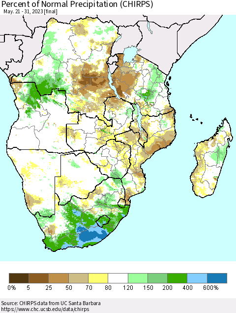 Southern Africa Percent of Normal Precipitation (CHIRPS) Thematic Map For 5/21/2023 - 5/31/2023