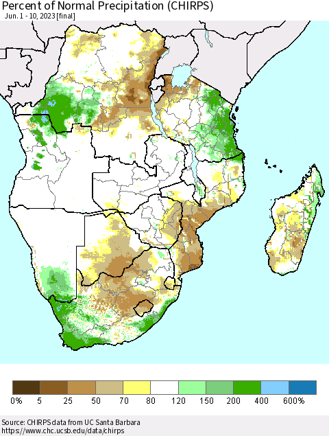 Southern Africa Percent of Normal Precipitation (CHIRPS) Thematic Map For 6/1/2023 - 6/10/2023
