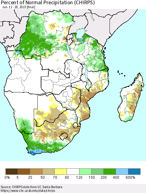 Southern Africa Percent of Normal Precipitation (CHIRPS) Thematic Map For 6/11/2023 - 6/20/2023