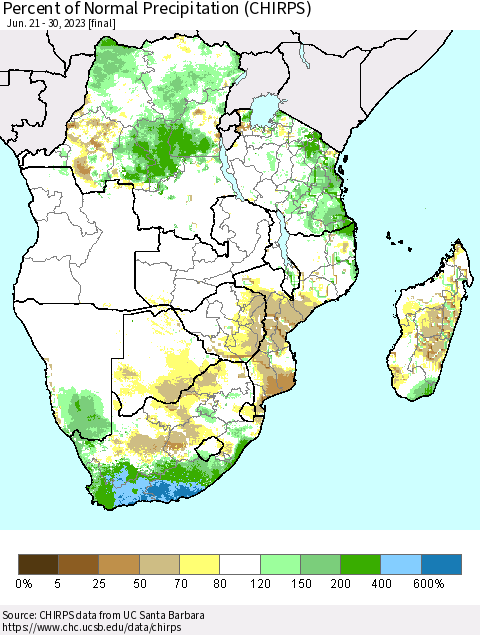 Southern Africa Percent of Normal Precipitation (CHIRPS) Thematic Map For 6/21/2023 - 6/30/2023