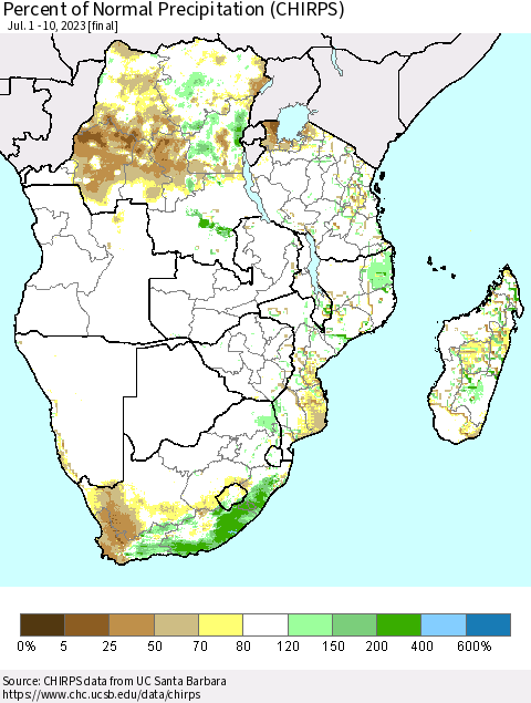 Southern Africa Percent of Normal Precipitation (CHIRPS) Thematic Map For 7/1/2023 - 7/10/2023