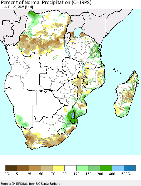 Southern Africa Percent of Normal Precipitation (CHIRPS) Thematic Map For 7/11/2023 - 7/20/2023
