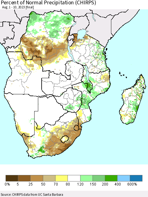 Southern Africa Percent of Normal Precipitation (CHIRPS) Thematic Map For 8/1/2023 - 8/10/2023