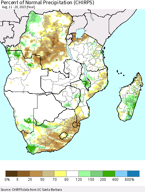 Southern Africa Percent of Normal Precipitation (CHIRPS) Thematic Map For 8/11/2023 - 8/20/2023