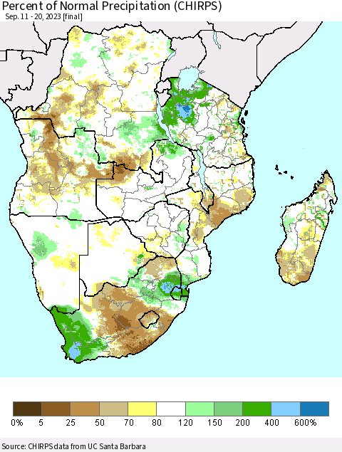 Southern Africa Percent of Normal Precipitation (CHIRPS) Thematic Map For 9/11/2023 - 9/20/2023