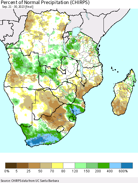 Southern Africa Percent of Normal Precipitation (CHIRPS) Thematic Map For 9/21/2023 - 9/30/2023