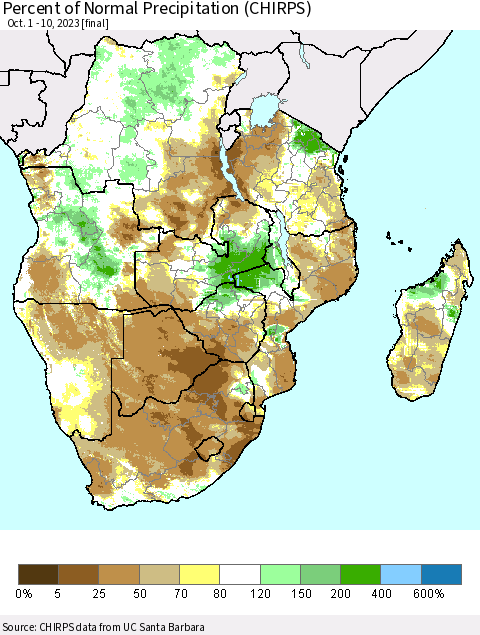 Southern Africa Percent of Normal Precipitation (CHIRPS) Thematic Map For 10/1/2023 - 10/10/2023
