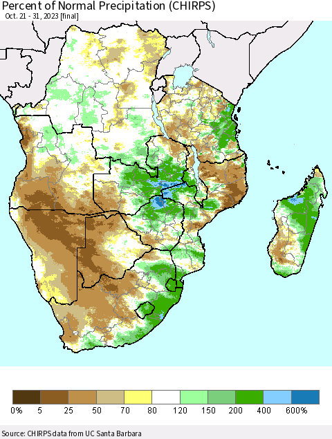 Southern Africa Percent of Normal Precipitation (CHIRPS) Thematic Map For 10/21/2023 - 10/31/2023