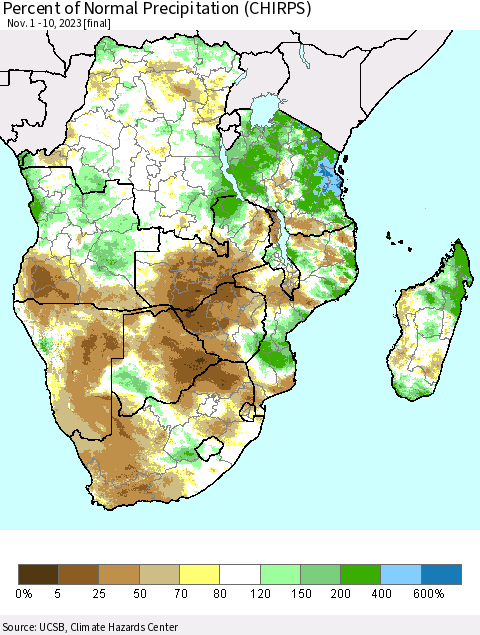 Southern Africa Percent of Normal Precipitation (CHIRPS) Thematic Map For 11/1/2023 - 11/10/2023