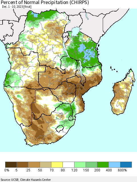 Southern Africa Percent of Normal Precipitation (CHIRPS) Thematic Map For 12/1/2023 - 12/10/2023