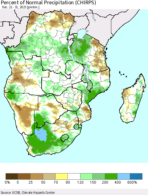 Southern Africa Percent of Normal Precipitation (CHIRPS) Thematic Map For 12/21/2023 - 12/31/2023