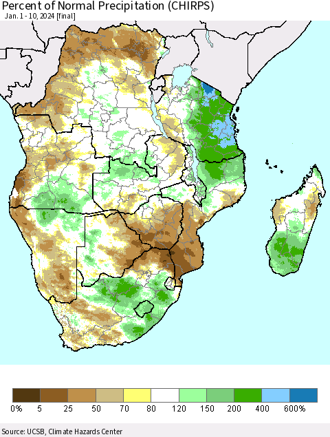 Southern Africa Percent of Normal Precipitation (CHIRPS) Thematic Map For 1/1/2024 - 1/10/2024