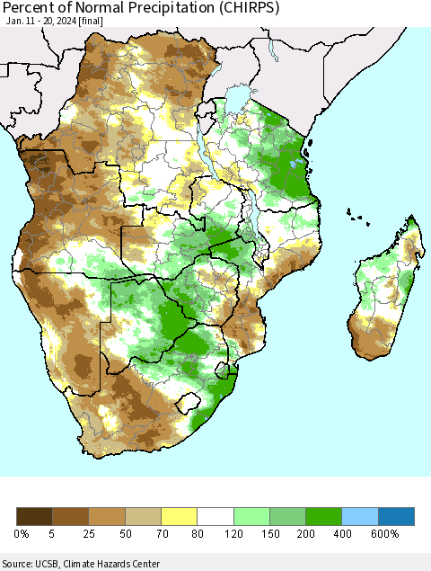 Southern Africa Percent of Normal Precipitation (CHIRPS) Thematic Map For 1/11/2024 - 1/20/2024