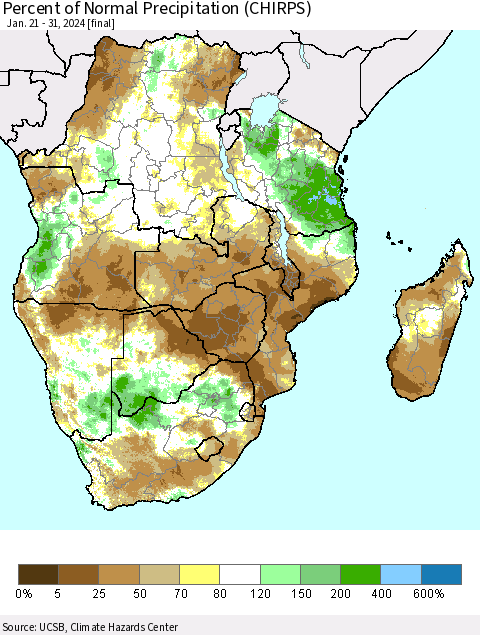 Southern Africa Percent of Normal Precipitation (CHIRPS) Thematic Map For 1/21/2024 - 1/31/2024
