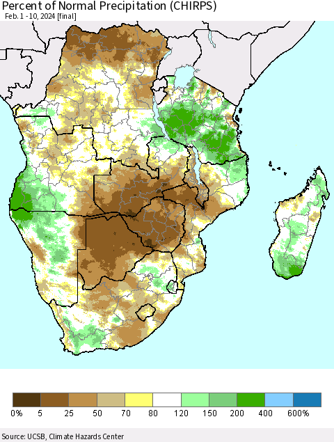 Southern Africa Percent of Normal Precipitation (CHIRPS) Thematic Map For 2/1/2024 - 2/10/2024