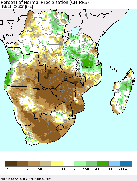 Southern Africa Percent of Normal Precipitation (CHIRPS) Thematic Map For 2/11/2024 - 2/20/2024