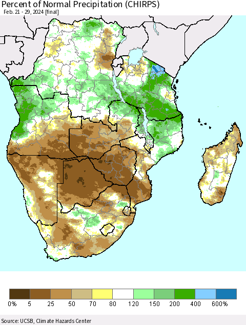 Southern Africa Percent of Normal Precipitation (CHIRPS) Thematic Map For 2/21/2024 - 2/29/2024