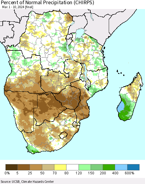 Southern Africa Percent of Normal Precipitation (CHIRPS) Thematic Map For 3/1/2024 - 3/10/2024