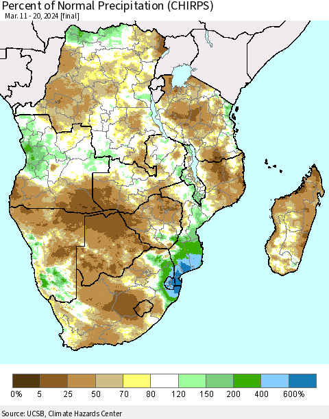 Southern Africa Percent of Normal Precipitation (CHIRPS) Thematic Map For 3/11/2024 - 3/20/2024