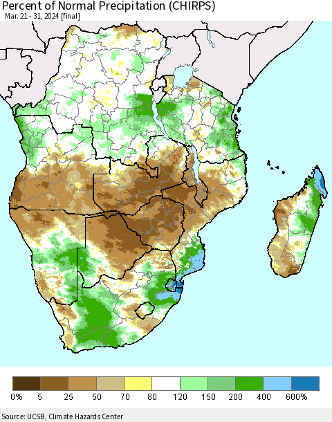 Southern Africa Percent of Normal Precipitation (CHIRPS) Thematic Map For 3/21/2024 - 3/31/2024