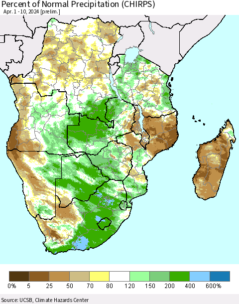 Southern Africa Percent of Normal Precipitation (CHIRPS) Thematic Map For 4/1/2024 - 4/10/2024
