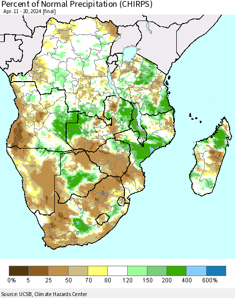 Southern Africa Percent of Normal Precipitation (CHIRPS) Thematic Map For 4/11/2024 - 4/20/2024