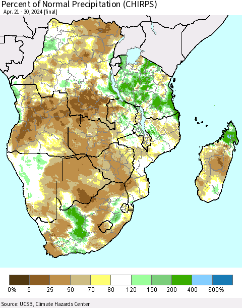 Southern Africa Percent of Normal Precipitation (CHIRPS) Thematic Map For 4/21/2024 - 4/30/2024
