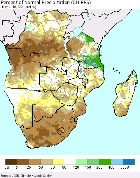 Southern Africa Percent of Normal Precipitation (CHIRPS) Thematic Map For 5/1/2024 - 5/10/2024