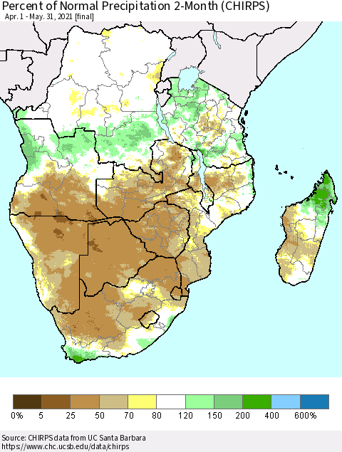 Southern Africa Percent of Normal Precipitation 2-Month (CHIRPS) Thematic Map For 4/1/2021 - 5/31/2021