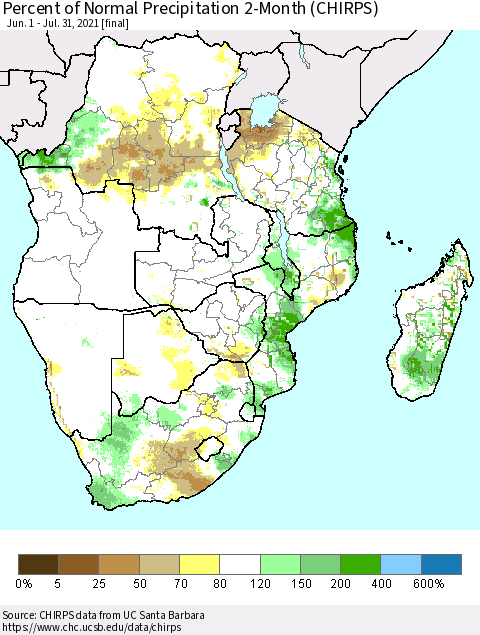 Southern Africa Percent of Normal Precipitation 2-Month (CHIRPS) Thematic Map For 6/1/2021 - 7/31/2021