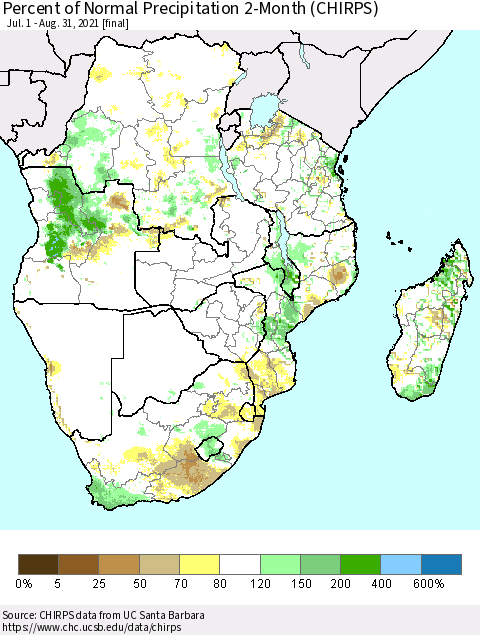 Southern Africa Percent of Normal Precipitation 2-Month (CHIRPS) Thematic Map For 7/1/2021 - 8/31/2021