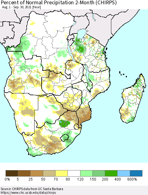 Southern Africa Percent of Normal Precipitation 2-Month (CHIRPS) Thematic Map For 8/1/2021 - 9/30/2021