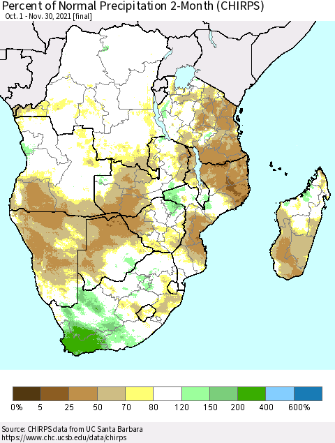 Southern Africa Percent of Normal Precipitation 2-Month (CHIRPS) Thematic Map For 10/1/2021 - 11/30/2021