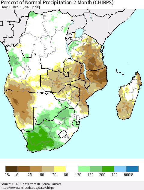 Southern Africa Percent of Normal Precipitation 2-Month (CHIRPS) Thematic Map For 11/1/2021 - 12/31/2021